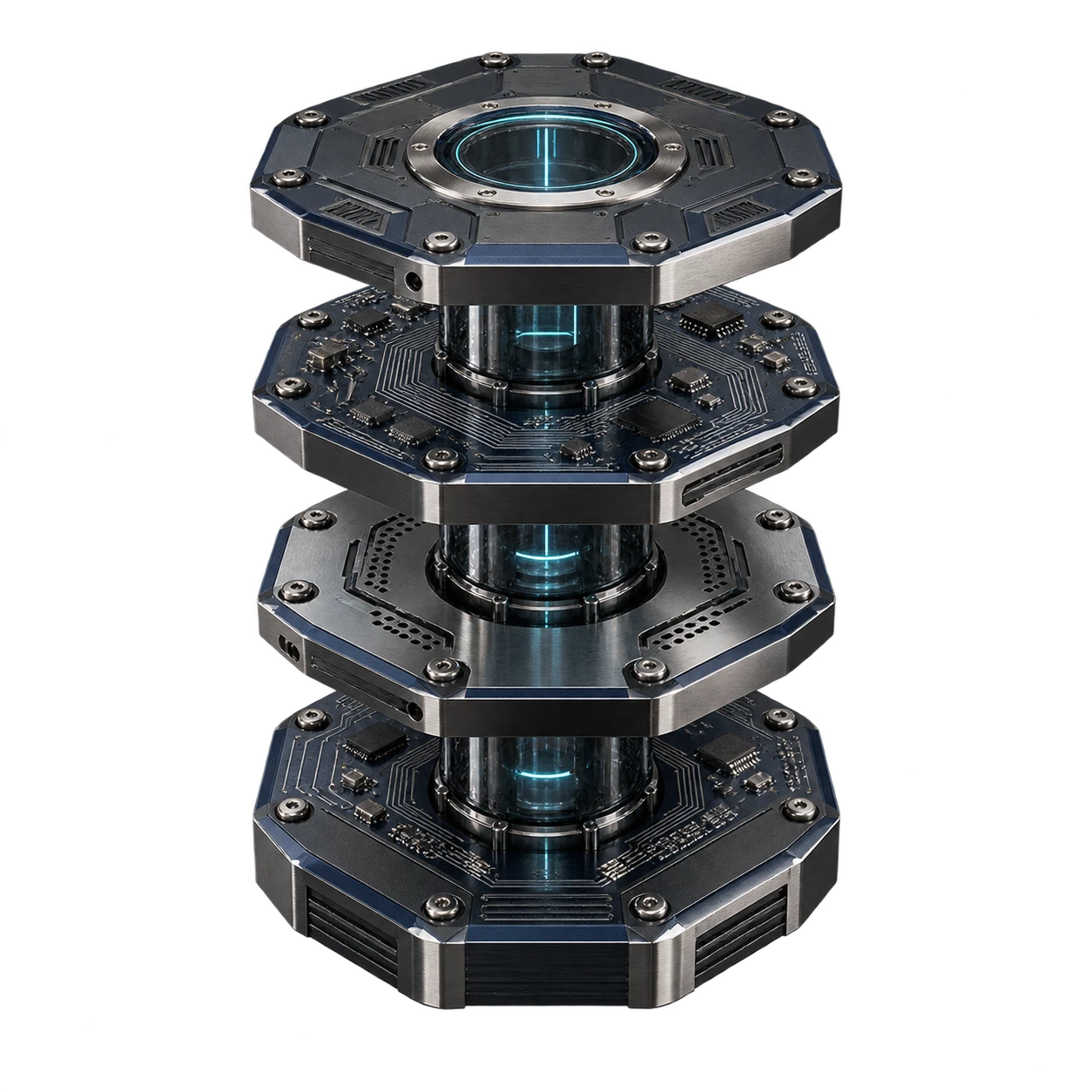 Conceptual security architecture in brushed titanium and smoked glass, illuminated by cyan light.